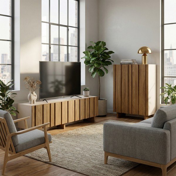 Krémový/v přírodní barvě TV stolek z borovicového dřeva 180x50x43 cm Marlo – Marckeric-image-4