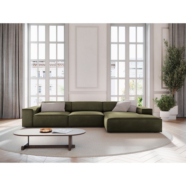 Khaki sametová modulární rohová pohovka (pravý roh/s lenoškou) Jodie – Micadoni -image-1