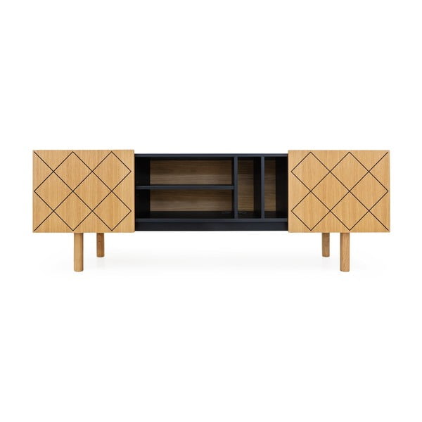 Černý/přírodní TV stolek v dekoru dubu 175x60 cm Porto – Woodman