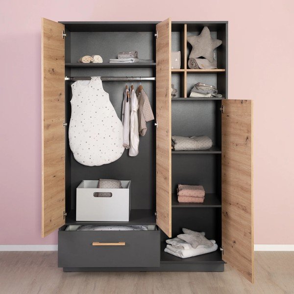 Dětská šatní skříň v dekoru dubu v antracitovo-přírodní barvě 132x195 cm Lenn – Roba-image-1