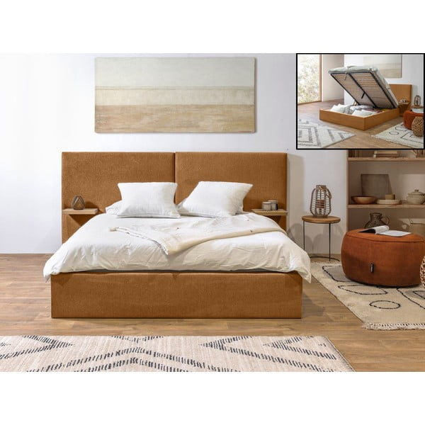 Okrově žlutá čalouněná dvoulůžková postel s úložným prostorem a roštem 160x200 cm Blandine – Bobochic Paris-image-1