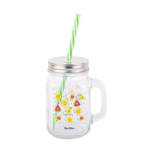 Skleněná mason jar s brčkem Tantitoni Happy Fruits, 475 ml