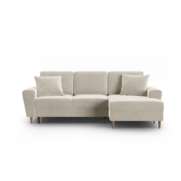 Béžová sametová rozkládací/s úložným prostorem rohová pohovka (pravý roh/s lenoškou) Kyoto – Cosmopolitan Design