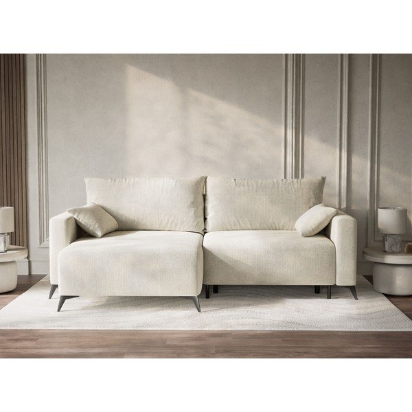 Krémová žinylková rozkládací/s úložným prostorem rohová pohovka (levý roh/s lenoškou) Leon – Maison de Rêve-image-1