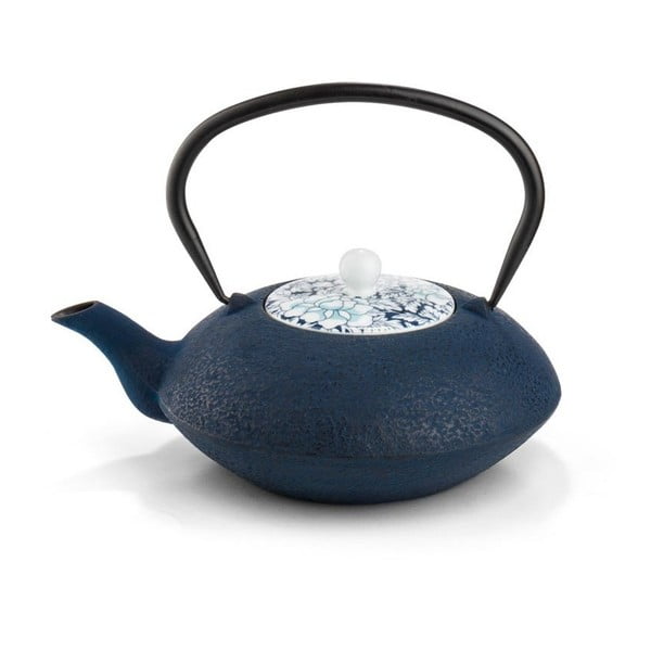 Modrá litinová konvice se sítkem na sypaný čaj a s porcelánovým víčkem Bredemeijer Yantai, 1,2 l