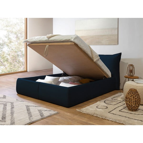 Tmavě modrá čalouněná dvoulůžková postel s úložným prostorem s roštem 160x200 cm Jade – Bobochic Paris-image-4