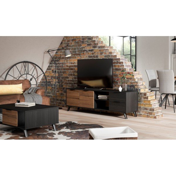 Černý/přírodní TV stolek v dekoru ořechu 181x53 cm Noe – Marckeric-image-1