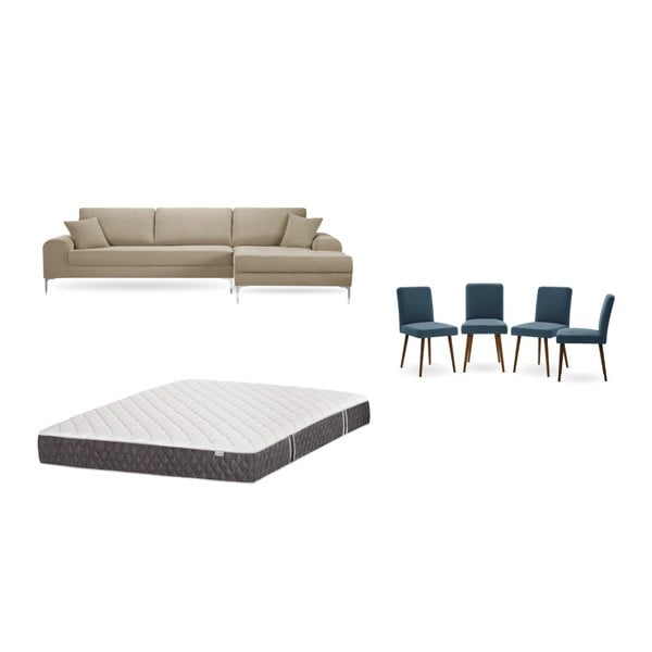 Set šedobéžové pohovky s lenoškou vpravo, 4 modrých židlí a matrace 160 x 200 cm Home Essentials