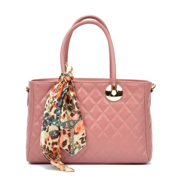 Růžová kožená kabelka s ozdobným šátkem Carla Ferreri
