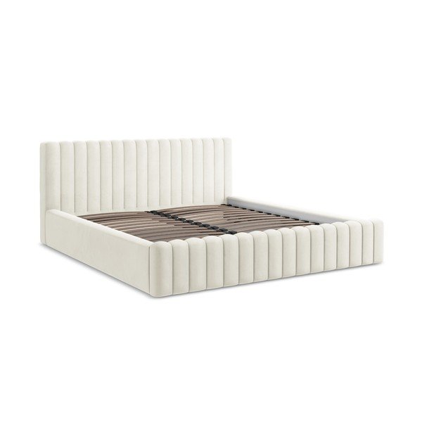 Krémová čalouněná dvoulůžková postel s úložným prostorem s roštem 160x200 cm Lemi – Makamii-image-2