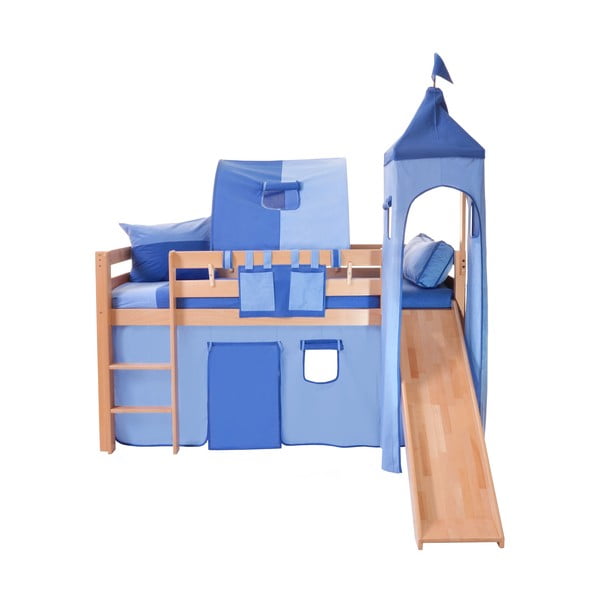 Dětská patrová postel se skluzavkou a modrým hradním bavlněným setem Mobi furniture Tom, 200 x 90 cm