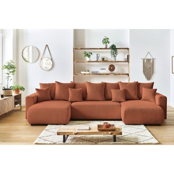 Terakotově červená manšestrová rozkládací pohovka do "U" Bobochic Paris Envy-image-1