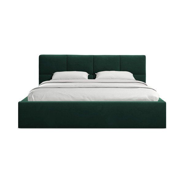 Tmavě zelená sametová čalouněná dvoulůžková postel s úložným prostorem s roštem 140x200 cm Hiko – Makamii-image-3