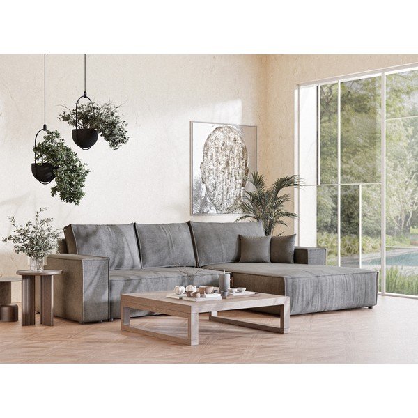 Šedá žinylková rozkládací/s úložným prostorem rohová pohovka (pravý roh/s lenoškou) Maze – Maison de Rêve-image-1