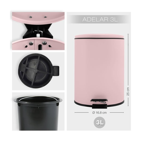 Růžový nášlapný ocelový odpadkový koš 3 l   Adelar – Spirella-image-3