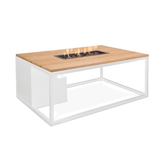 Bílý zahradní stůl s deskou z týkového dřeva s ohništěm COSI Cosiloft, 120 x 80 cm
