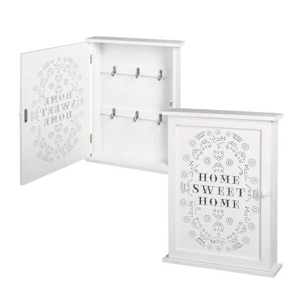 Bílá nástěnná skřínka na klíče Unimasa Home Sweet Home, 25 x 33 cm