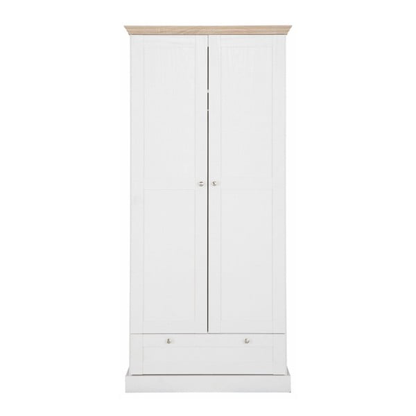 Bílá dvoudveřová šatní skříň s detaily v dubovém dekoru se zásuvkou Støraa Bruce