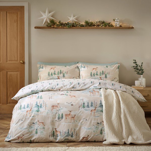 Flanelové povlečení na jednolůžko v přírodní barvě 135x200 cm Brushed Christmas Deer – Catherine Lansfield