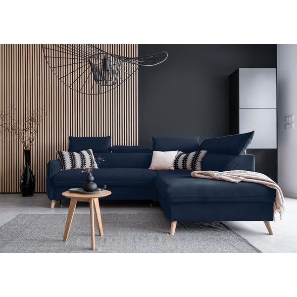 Tmavě modrá sametová rozkládací rohová pohovka (pravý roh) Sweet Harmony – Miuform-image-1