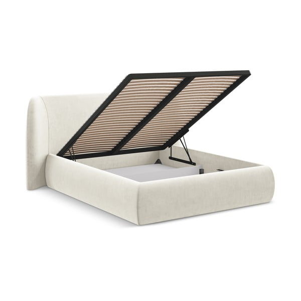 Krémová čalouněná dvoulůžková postel s úložným prostorem s roštem 180x200 cm Hauke – Makamii-image-2