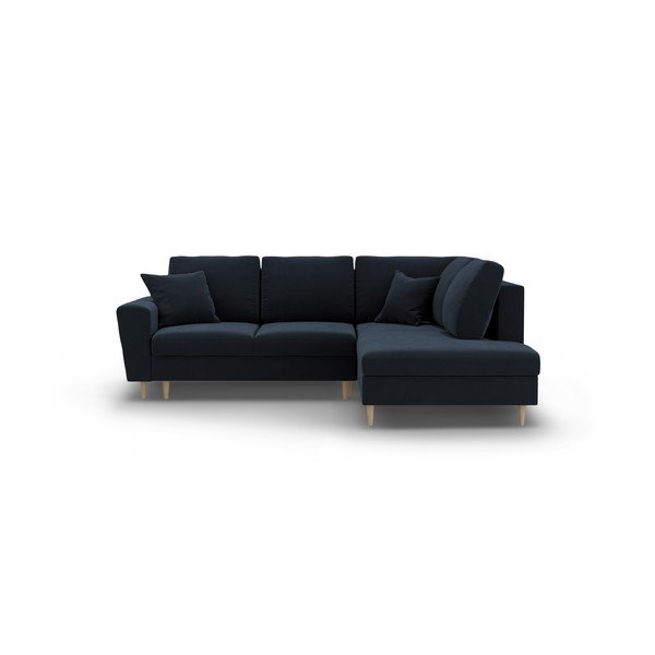 Tmavě modrá sametová rozkládací/s úložným prostorem rohová pohovka (pravý roh/do L) Kyoto – Cosmopolitan Design