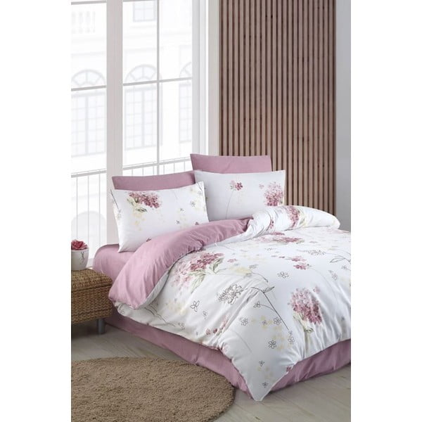 Bílo-růžové 4dílné prodloužené povlečení na dvoulůžko s prostěradlem 200x220 cm Floral – Mila Home