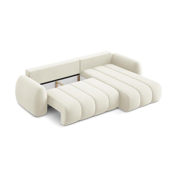 Béžová rozkládací/s úložným prostorem rohová pohovka z textilie bouclé (pravý roh/s lenoškou) Pele – Makamii-image-3