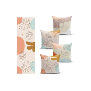 Set 4 povlaků na polštář a běhounu na stůl s příměsí bavlny Minimalist Home World