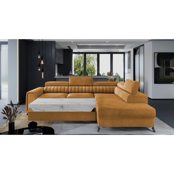 Žlutá sametová rozkládací/s úložným prostorem rohová pohovka (pravý roh/do L) Laurence – ELTAP-image-2