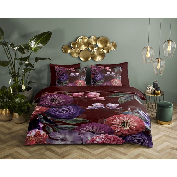 Vínové povlečení na jednolůžko z organické bavlny Descanso Gerbera, 140 x 220 cm-image-1