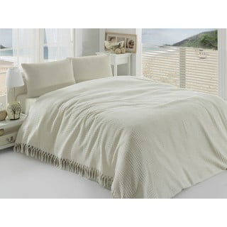 Krémový lehký bavlněný přehoz přes postel na dvoulůžko Pique, 220 x 240 cm