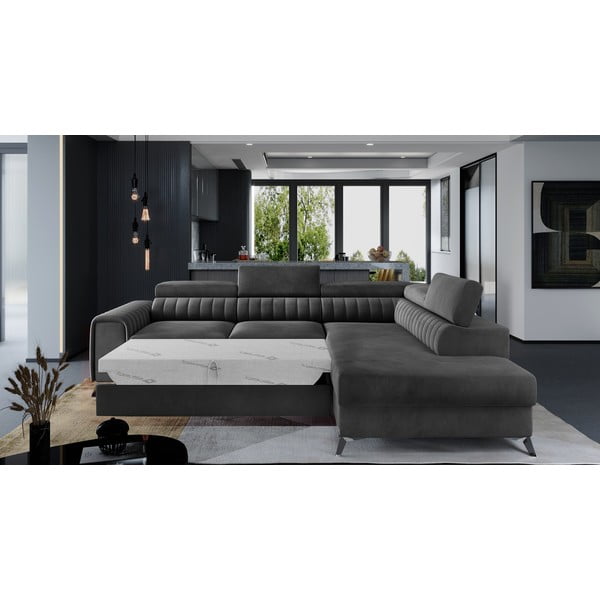 Tmavě šedá sametová rozkládací/s úložným prostorem rohová pohovka (pravý roh/do L) Laurence – ELTAP-image-2