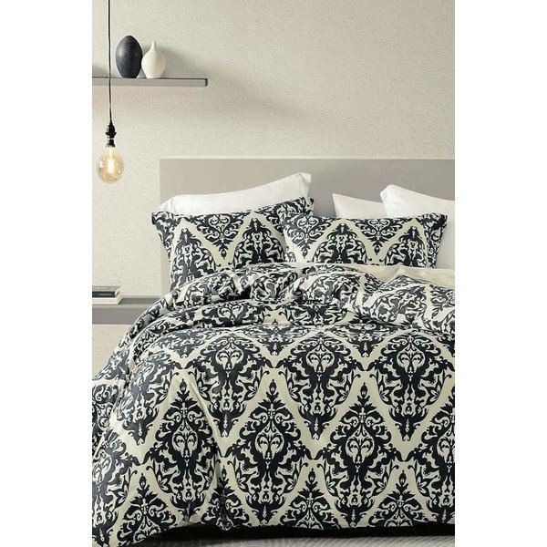Černo-béžové 4dílné prodloužené povlečení na dvoulůžko s prostěradlem z bavlny Renforcé 200x220 cm Damask – Mila Home