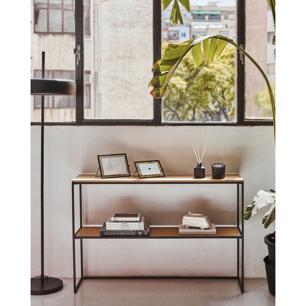 Bílý/v přírodní barvě konzolový stolek v dekoru dubu 30x120 cm Yoana – Kave Home-image-1
