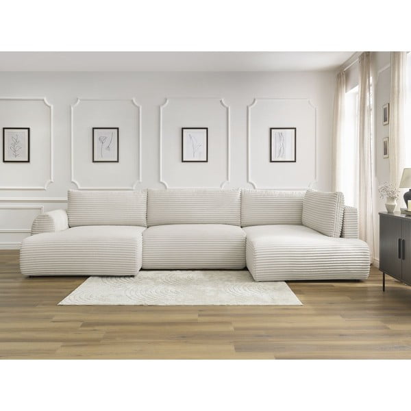 Krémová manšestrová rozkládací/s úložným prostorem rohová pohovka (pravý roh/do "U") Lucien – Bobochic Paris-image-1