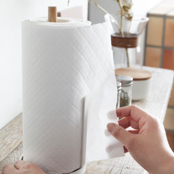 Bílý stojánek na roli papírových utěrek s detailem z bukového dřeva YAMAZAKI Tosca-image-1