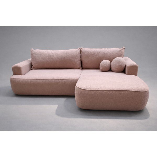 Světle růžová rozkládací/s úložným prostorem rohová pohovka z textilie bouclé (pravý roh/s lenoškou) Quinoa - II. jakost – Bonami Selection-image-1