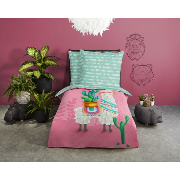 Růžové/tyrkysové bavlněné dětské povlečení na jednolůžko 140x200 cm Lalama – Good Morning-image-1