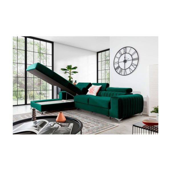 Zelená sametová rozkládací/s úložným prostorem rohová pohovka (levý roh/s lenoškou) Grayson – ELTAP-image-3