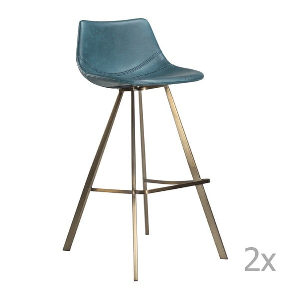 Sada 2 modrých barových židlí s ocelovým podnožím ve zlaté barvě DAN– FORM Pitch