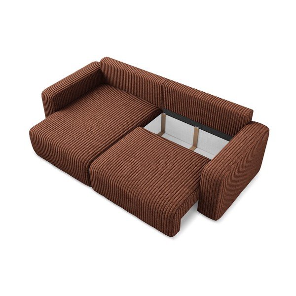 Manšestrová rozkládací/s úložným prostorem rohová pohovka v terakotové barvě (levý roh/s lenoškou) Kona – Makamii-image-4