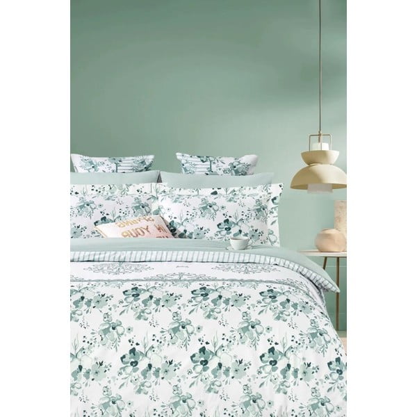 Bílo-zelené prodloužené povlečení na dvoulůžko z bavlny Renforcé s prostěradlem/4dílné 200x220 cm – Mila Home
