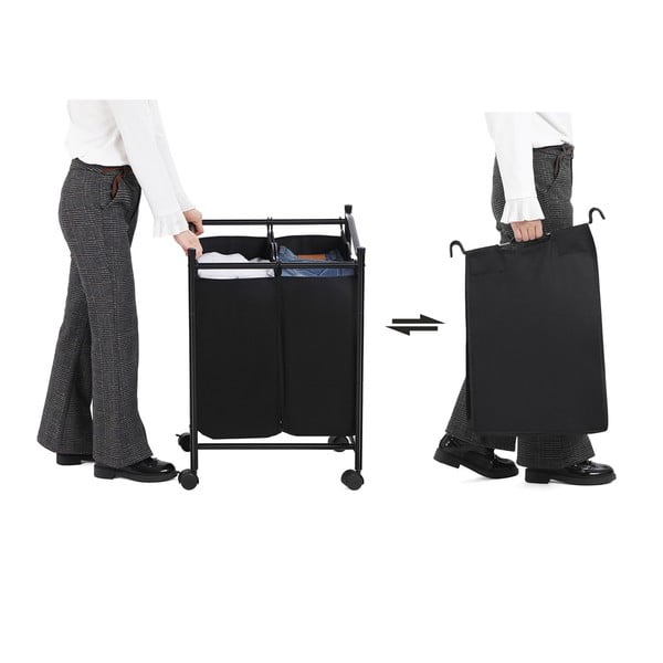 Černý koš s kolečky a 2 segmenty na prádlo Songmics-image-3