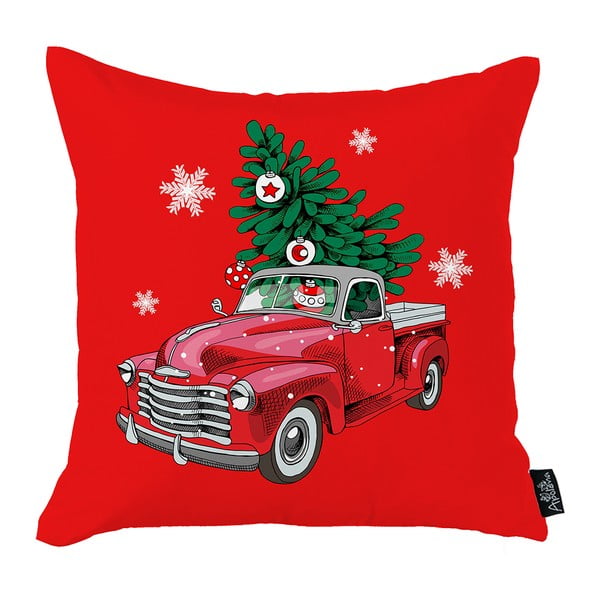 Červený vánoční povlak na polštář Mike & Co. NEW YORK Honey Christmas Car and Tree, 45 x 45 cm