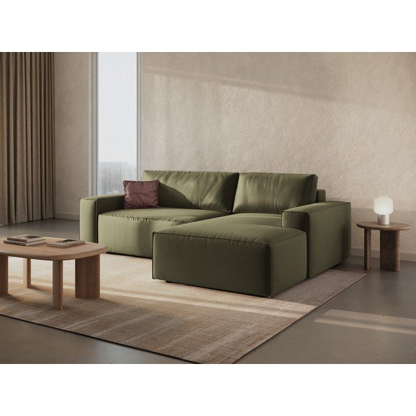 Zelená sametová rozkládací rohová pohovka s úložným prostorem (pravý roh/s lenoškou) Jodie – Micadoni -image-2