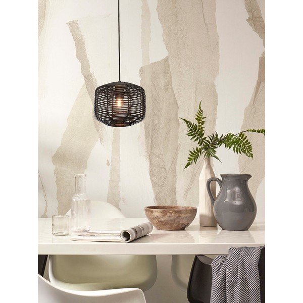 Černé závěsné svítidlo s ratanovým stínidlem ø 25 cm Tanami – Good&Mojo-image-1