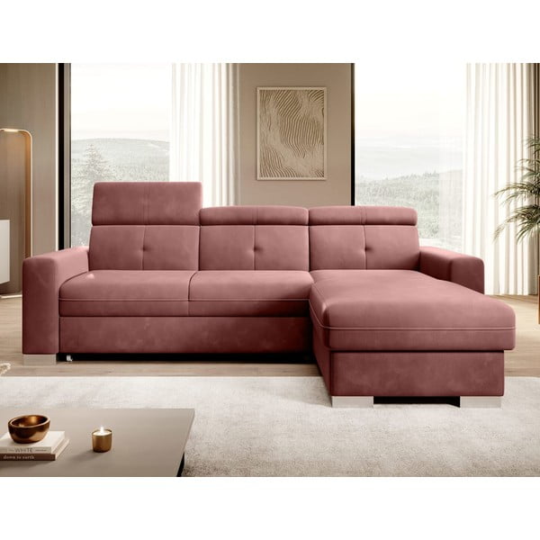 Růžová sametová rozkládací/s úložným prostorem rohová pohovka (pravý roh/s lenoškou) Fresia – ELTAP-image-1