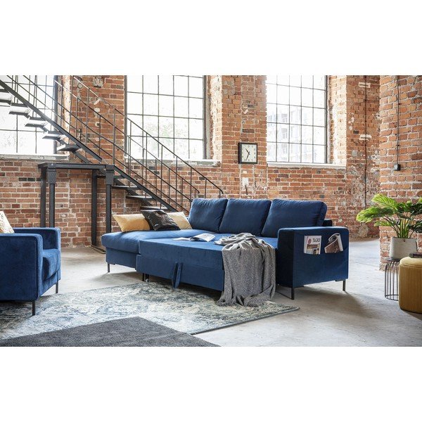 Námořnicky modrá sametová rozkládací rohová pohovka Miuform Lofty Lilly, levý roh-image-4