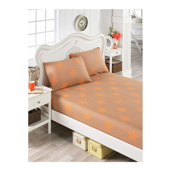Set bavlněného oranžového prostěradla a 2 povlaků na polštáře na jednolůžko Stars Lusno, 100 x 200 cm
